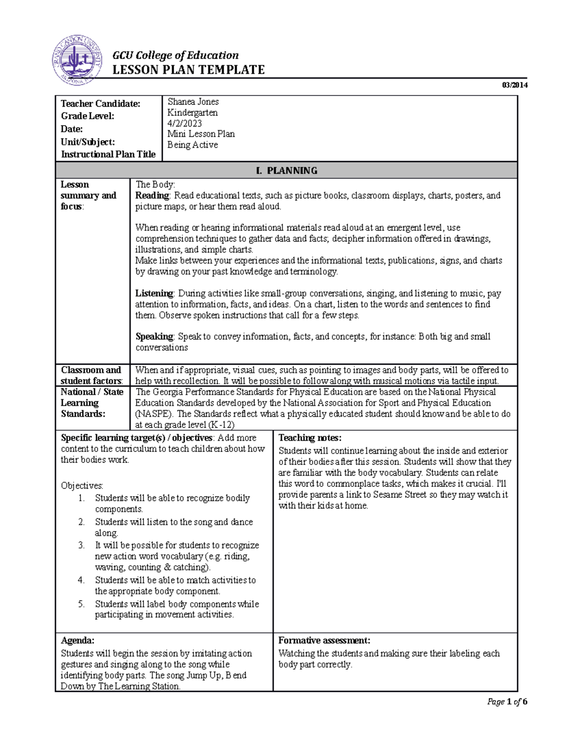 Wellness Unit- Benchmark - GCU College of Education LESSON PLAN ...