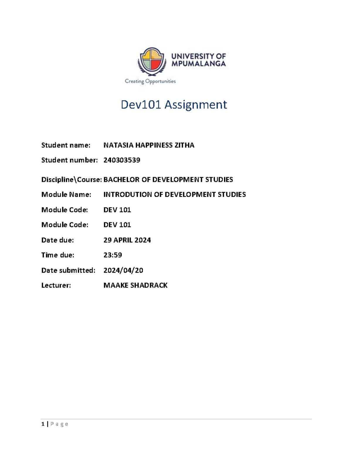 Assig nment Cover Page - Dev101 Assignment Student name: NATASIA ...