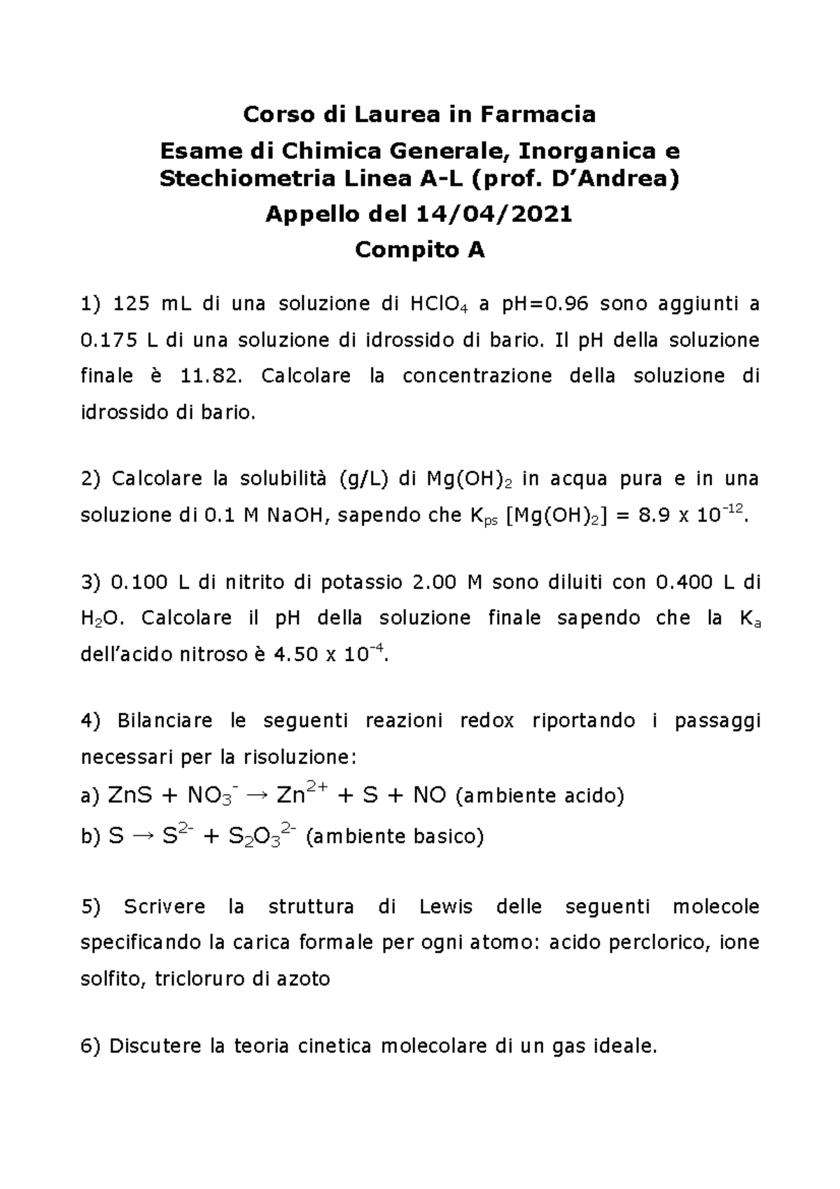 Compito 14-04-2021 A 5 - Esempio Esame - Corso Di Laurea In Farmacia ...