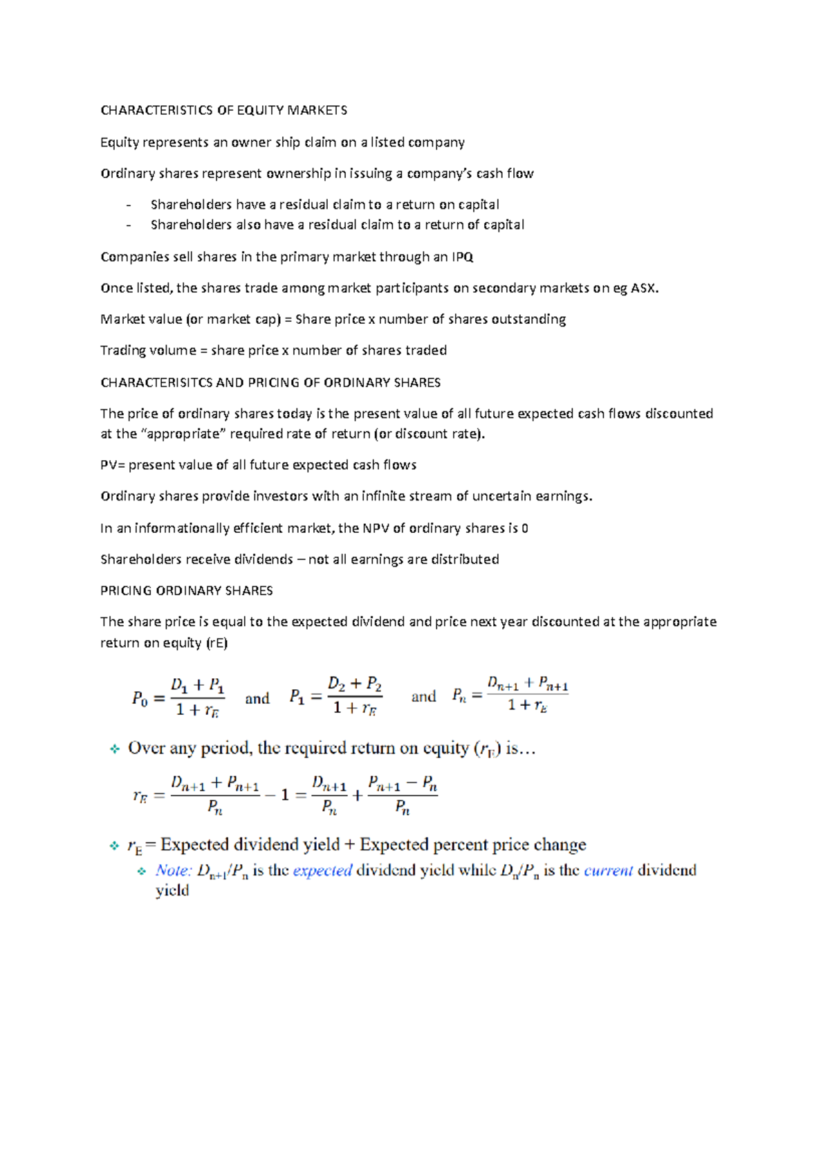 Lecture 4 notes - CHARACTERISTICS OF EQUITY MARKETS Equity represents ...