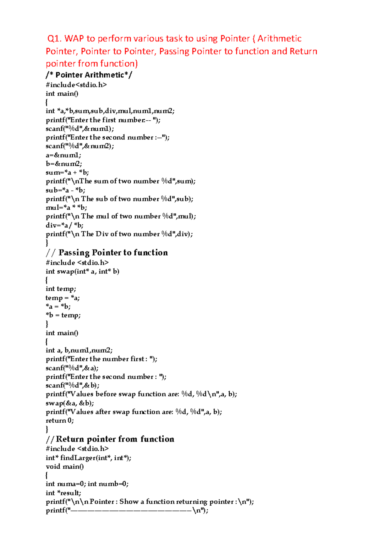 Pointer and Array - Q1. WAP to perform various task to using Pointer ...
