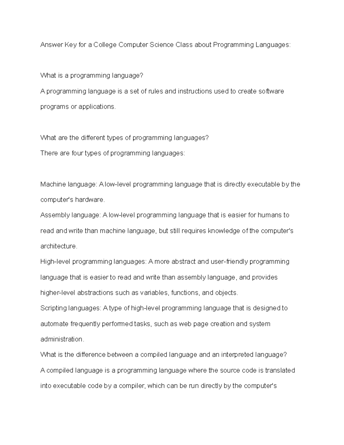 Answer Key for a College Computer Science Class about Programming ...