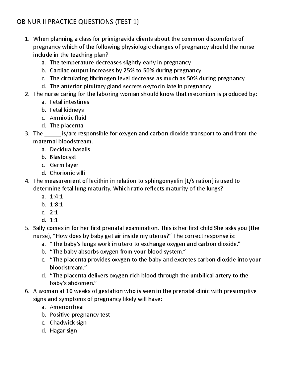 OB NUR II Practice Questions TEST 1 OB NUR II PRACTICE QUESTIONS