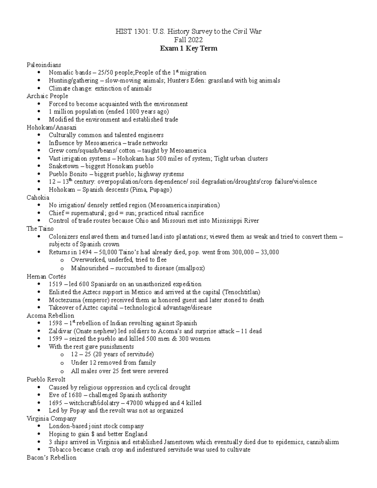 History Key Terms HIST 1301 U. History Survey to the Civil War Fall