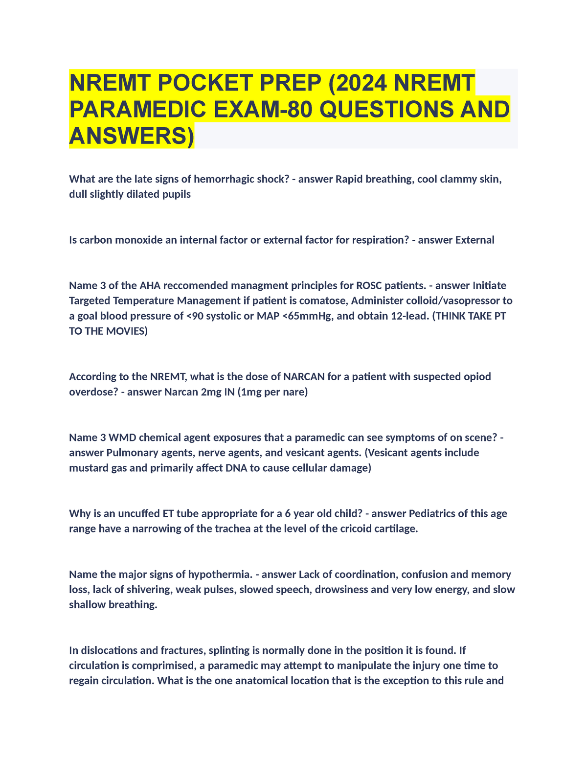 NREMT Pocket PREP (2024 NREMT Paramedic EXAM80 Questions AND Answers