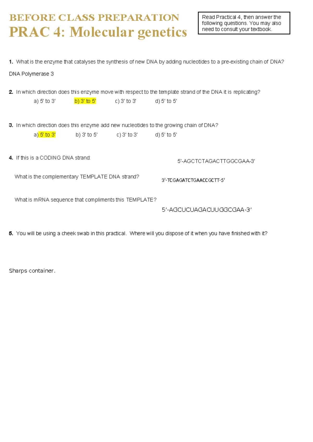 Week 6 pre lab - ####### Read Practical 4, then answer the ...