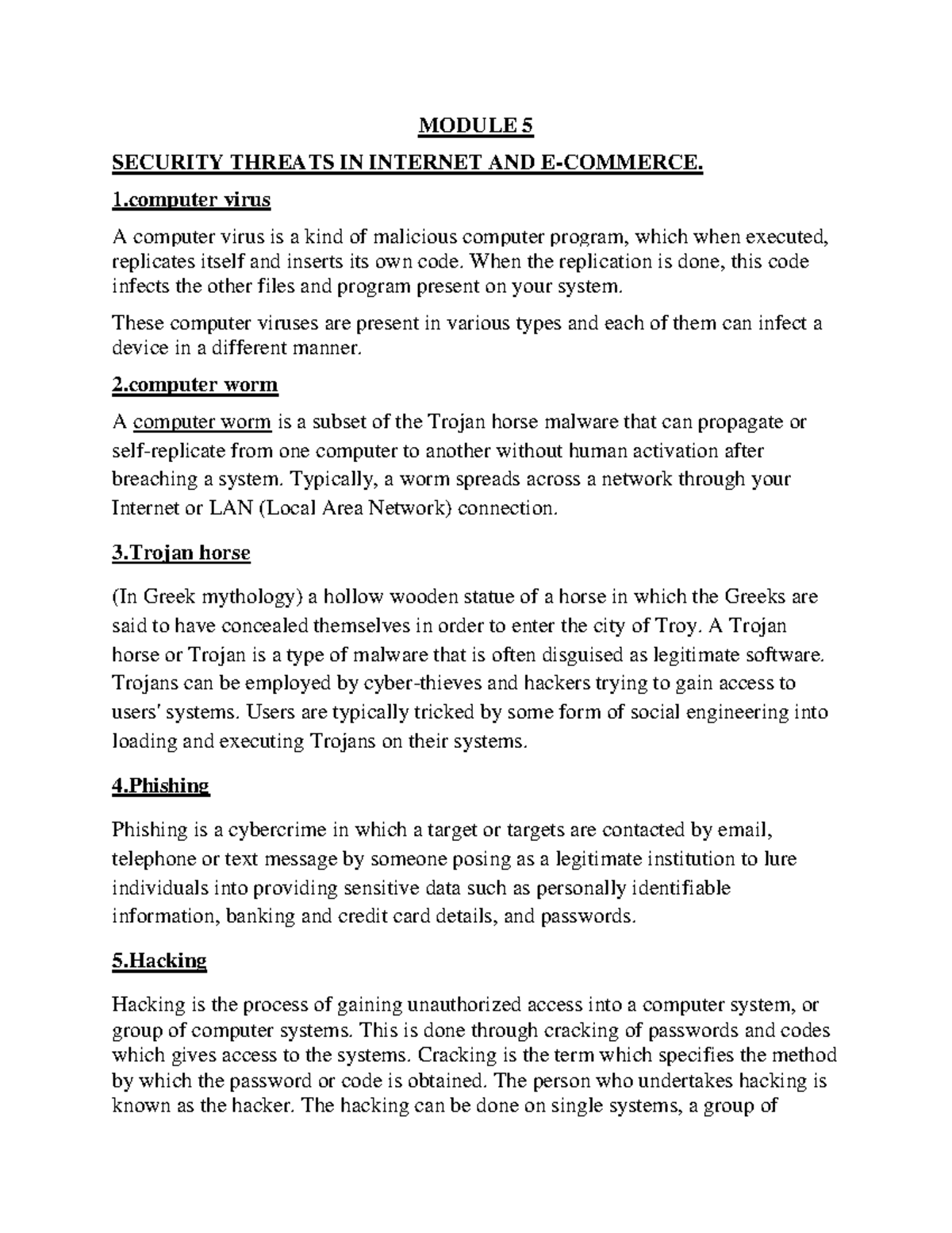 CAB notes - MODULE 5 SECURITY THREATS IN INTERNET AND E-COMMERCE. 1 ...