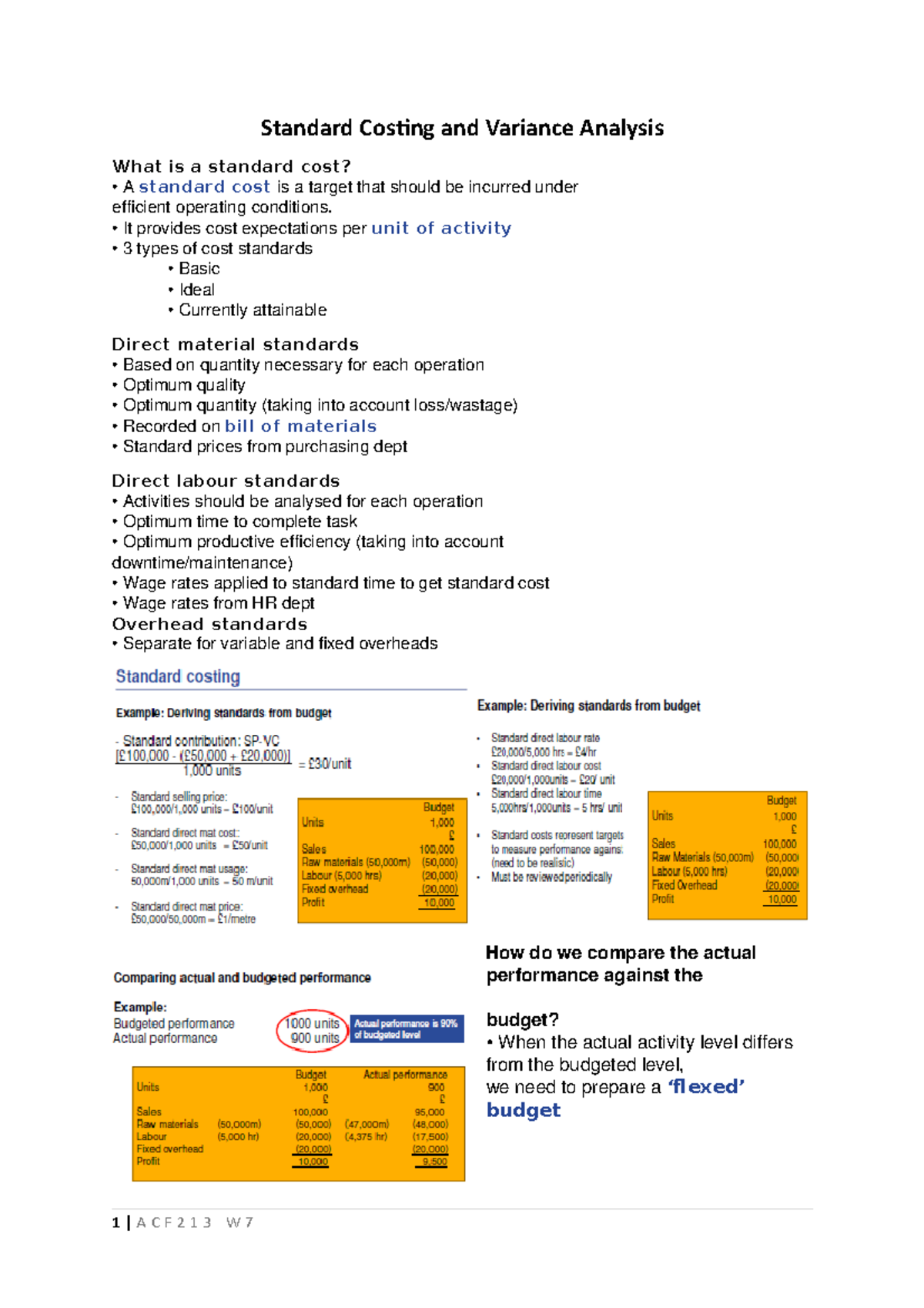 Week 7 - Lecture notes 7 - Standard Costing and Variance Analysis What ...