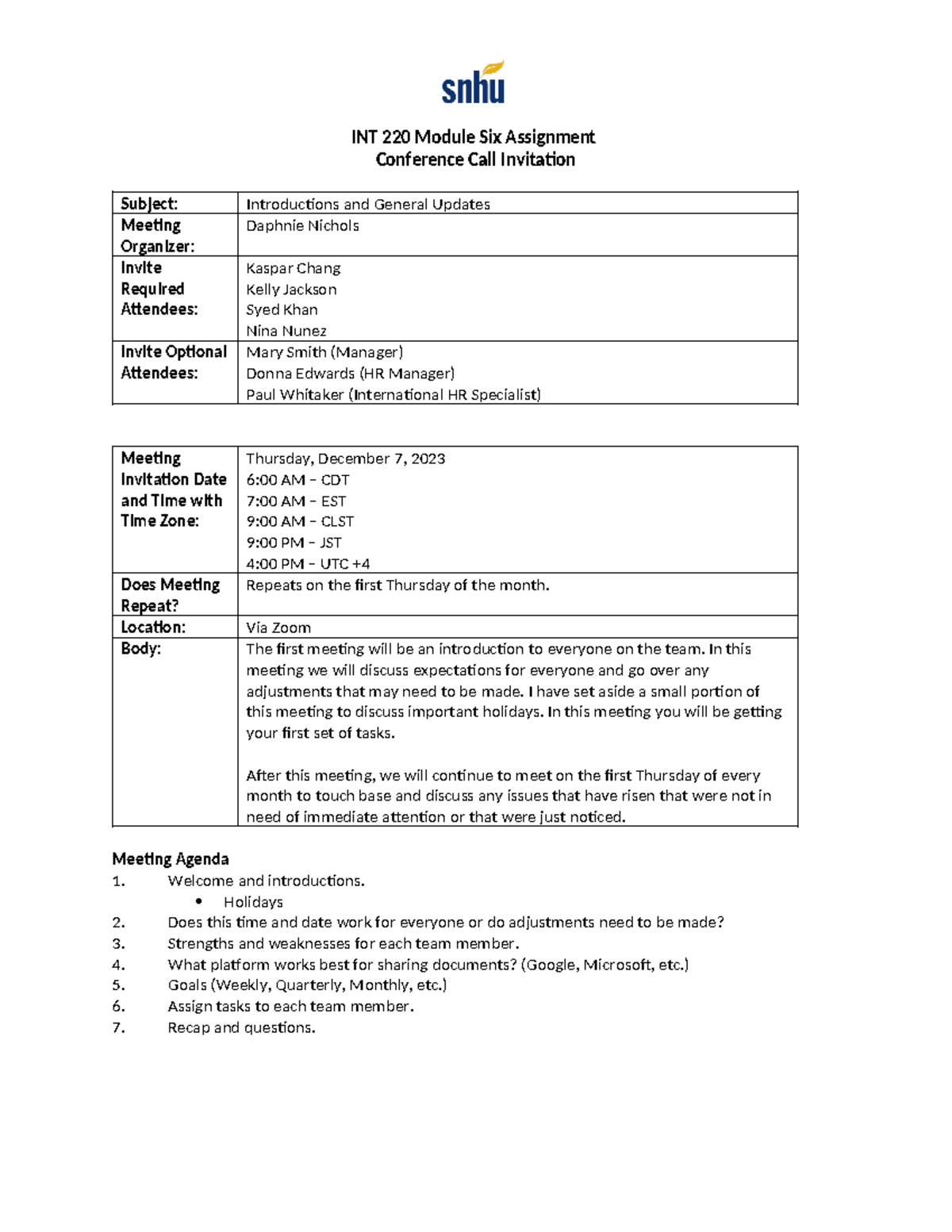 INT 220 Conference Call Invitation - INT 220 Module Six Assignment ...