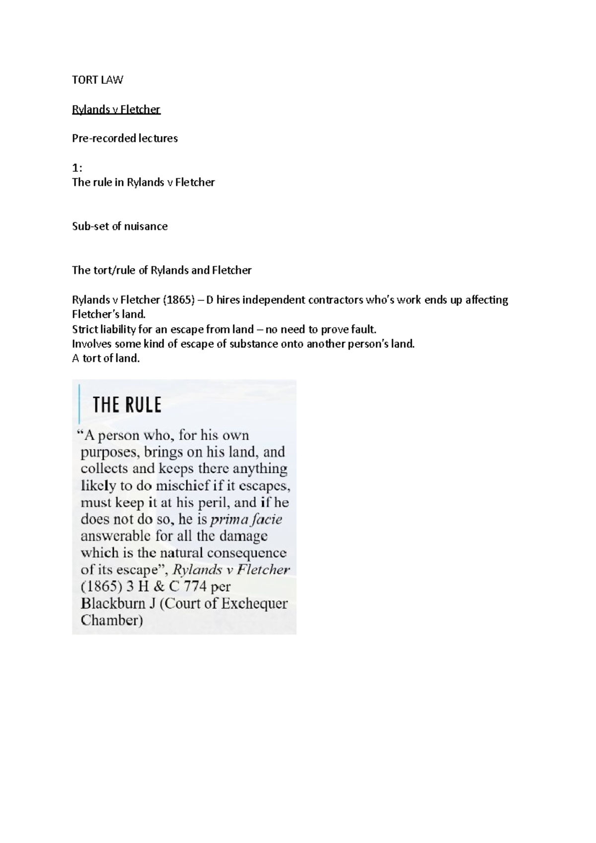 TORT LAW - WEEK 10 - Rylands V Fletcher - TORT LAW Rylands v Fletcher ...
