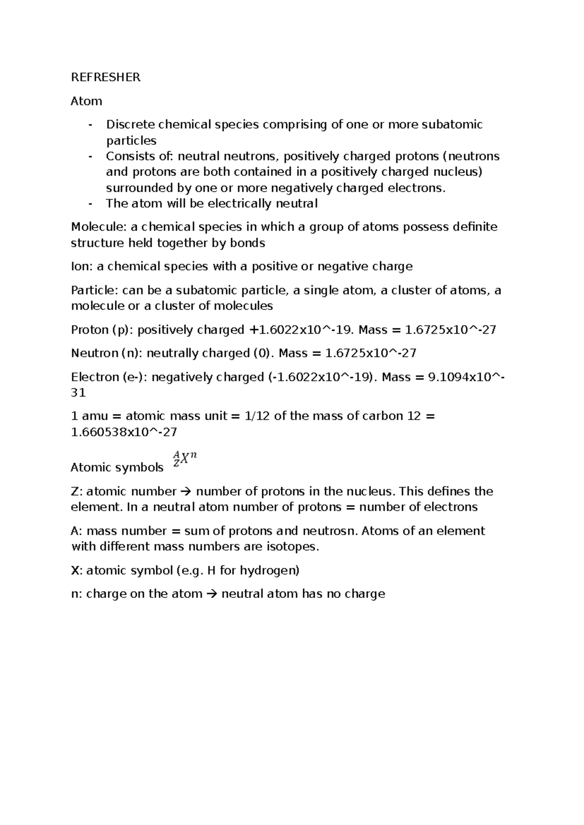 Week 1 - REFRESHER Atom - Discrete chemical species comprising of one ...