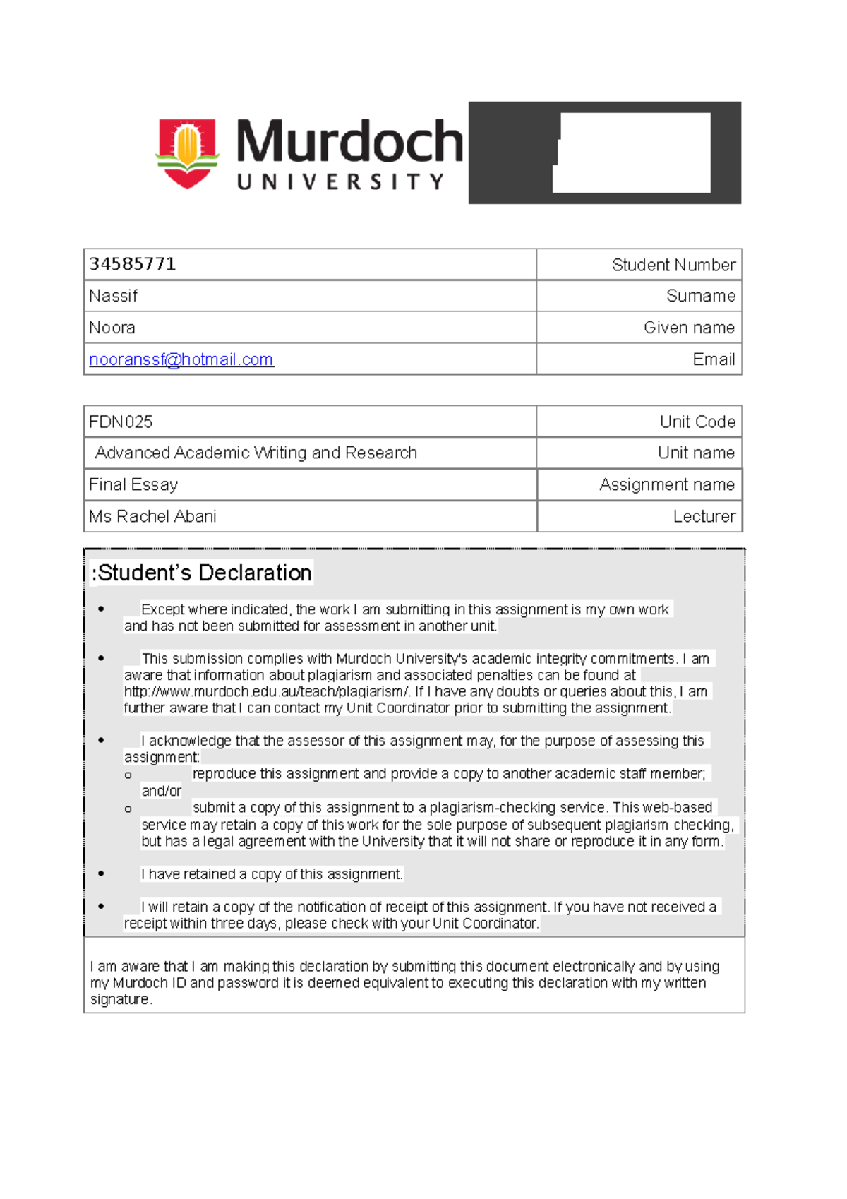 FDN025 Final Essay - ELECTRONIC ASSIGNMENT COVERSHEET 34585771 Student ...
