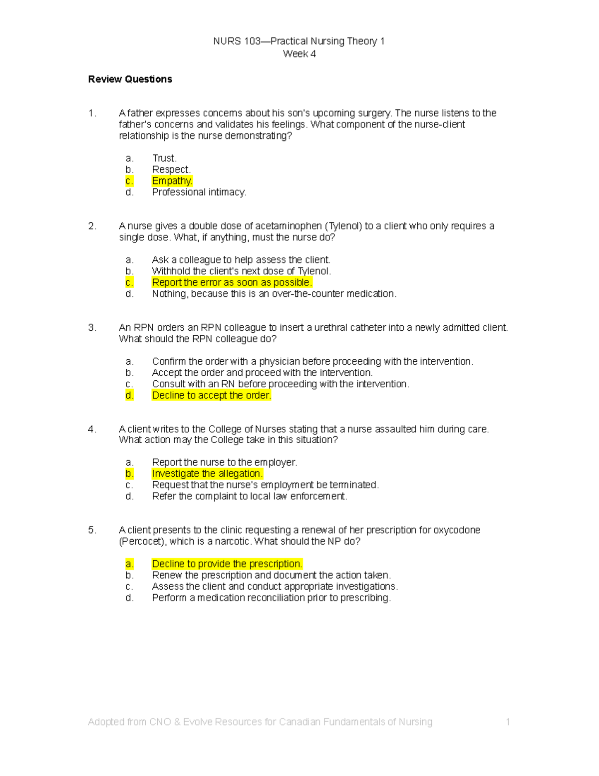 Review Questions-Week 4-Students - NURS 103—Practical Nursing Theory 1 ...