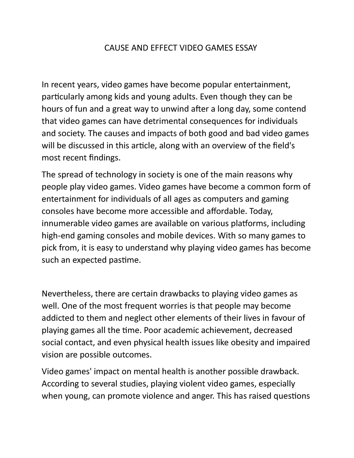 cause and effect essay about playing video games