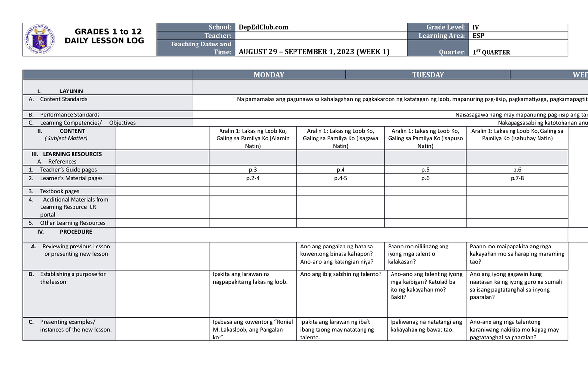 DLL ESP 4 Q1 W1 - Learning Materials - GRADES 1 To 12 DAILY LESSON LOG ...