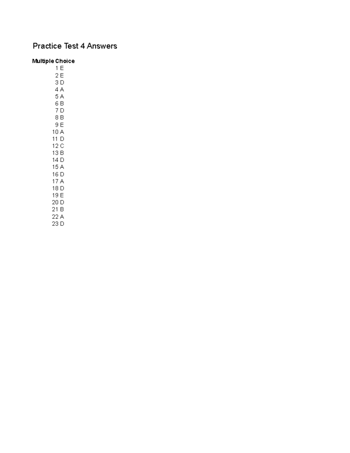 Practice Test 4 Answers - Practice Test 4 Answers Multiple Choice 1 E 2 ...