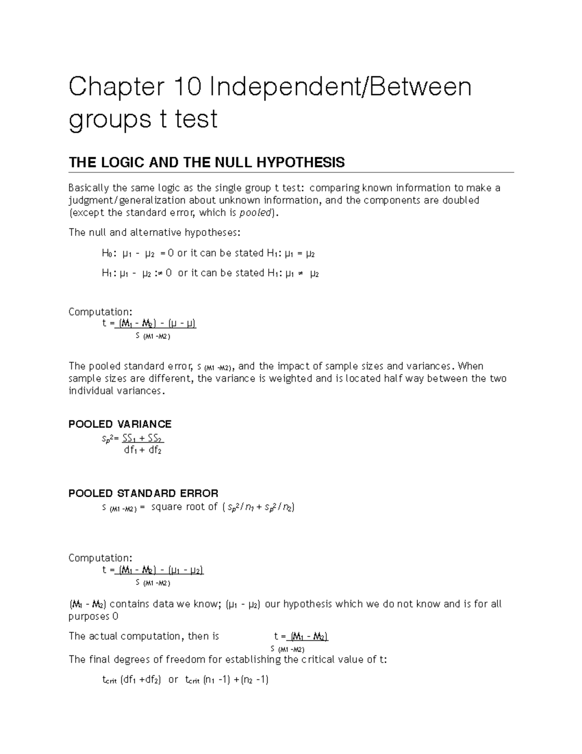 Chapter 10 Independent - Chapter 10 groups t test THE LOGIC AND THE ...