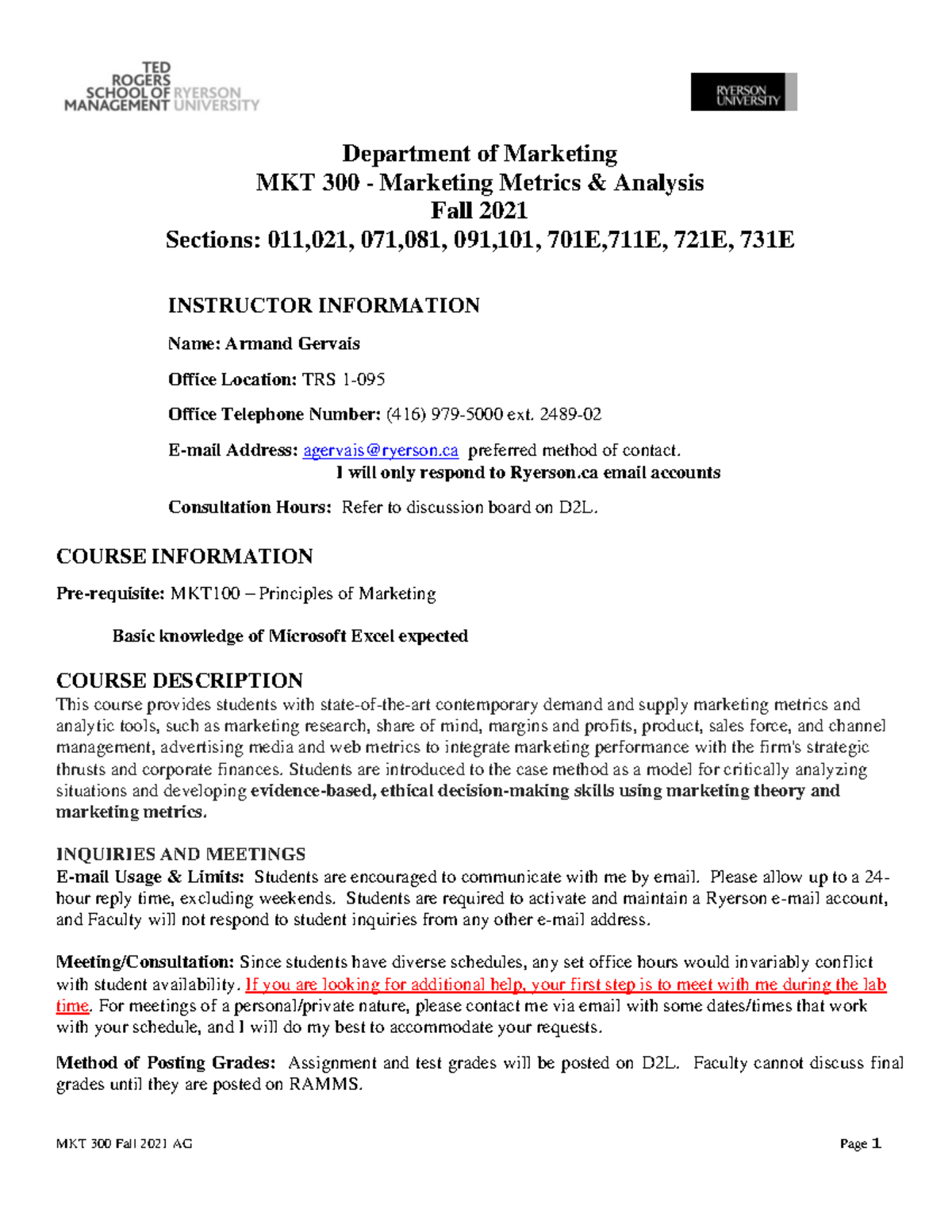 MKT 300 Course Outline Fall 2021 AG v2 - MKT 300 - Toronto Met - Studocu