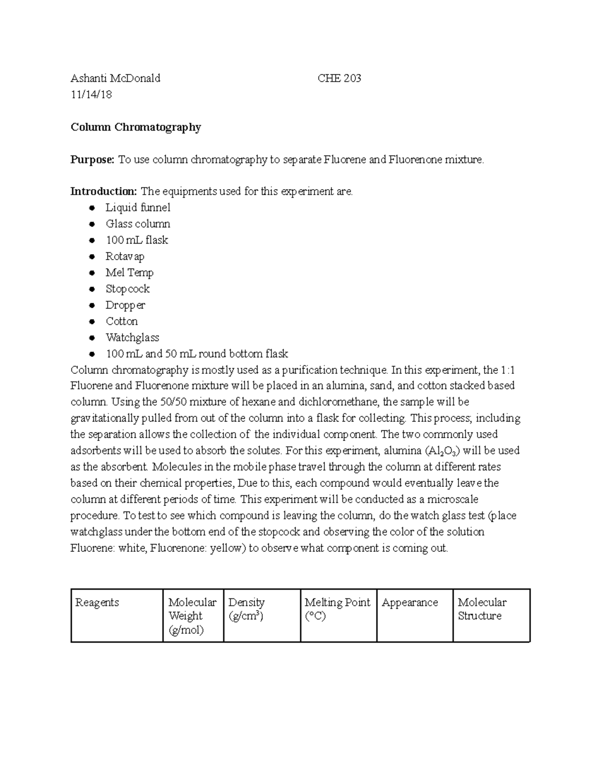 Lab report for column chromatography Ashanti McDonald CHE 203 11/14