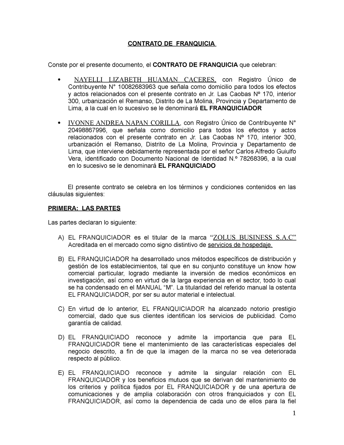 Contrato De Franquicia Contrato De Franquicia Conste Por El Presente Documento El Contrato De 3230
