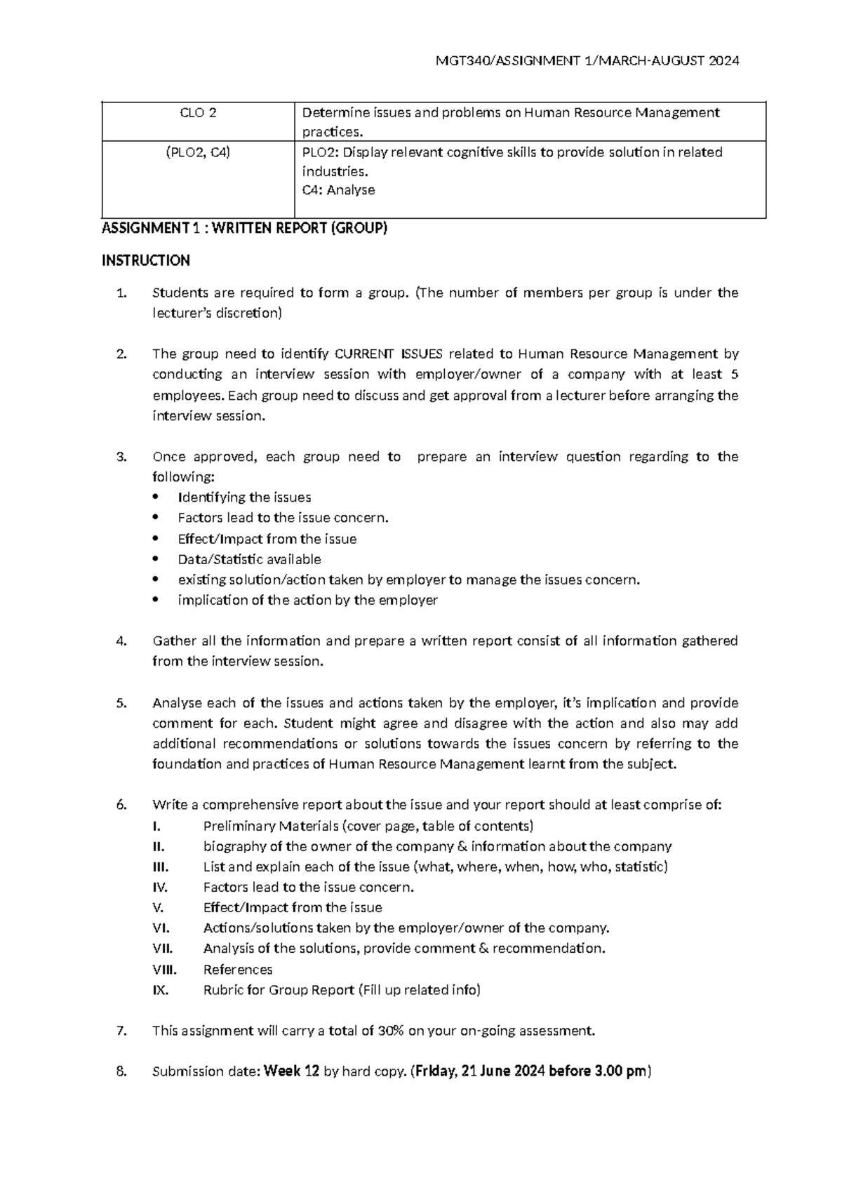 Assignment 1 Guideline ( Written Report) 2 - MGT340/ASSIGNMENT 1/MARCH ...