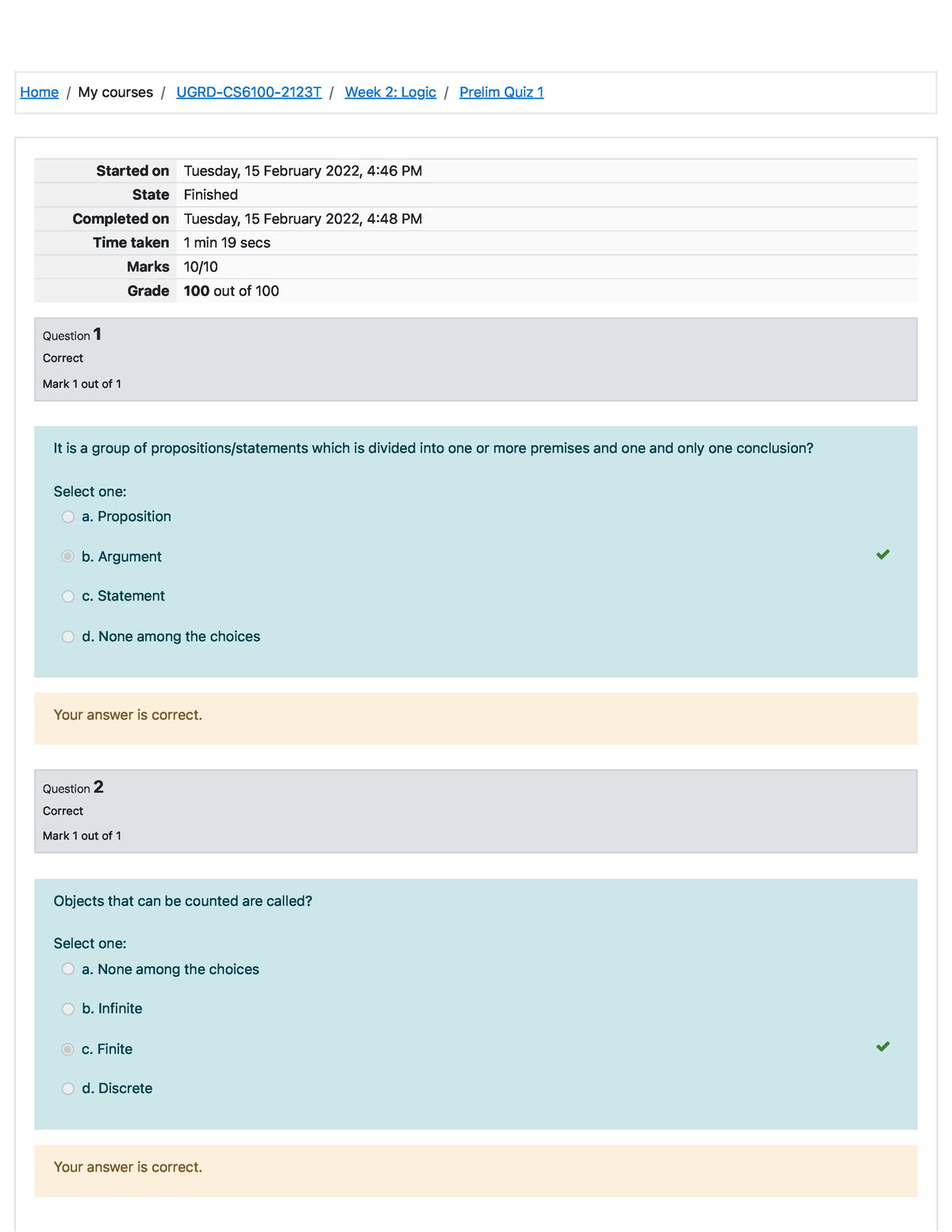 Prelim Quiz 1 Attempt Review - Home / My Courses / UGRD-CS6100-2123T ...