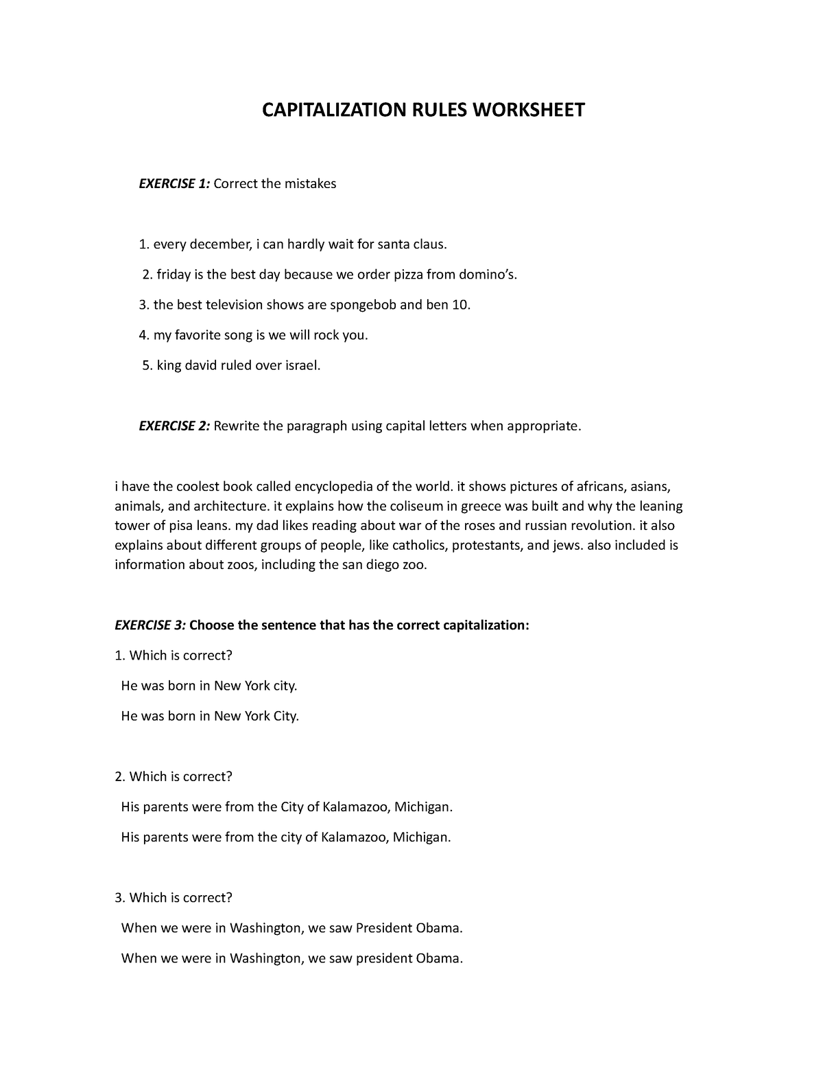 Capitalization Rules Worksheet - CAPITALIZATION RULES WORKSHEET ...