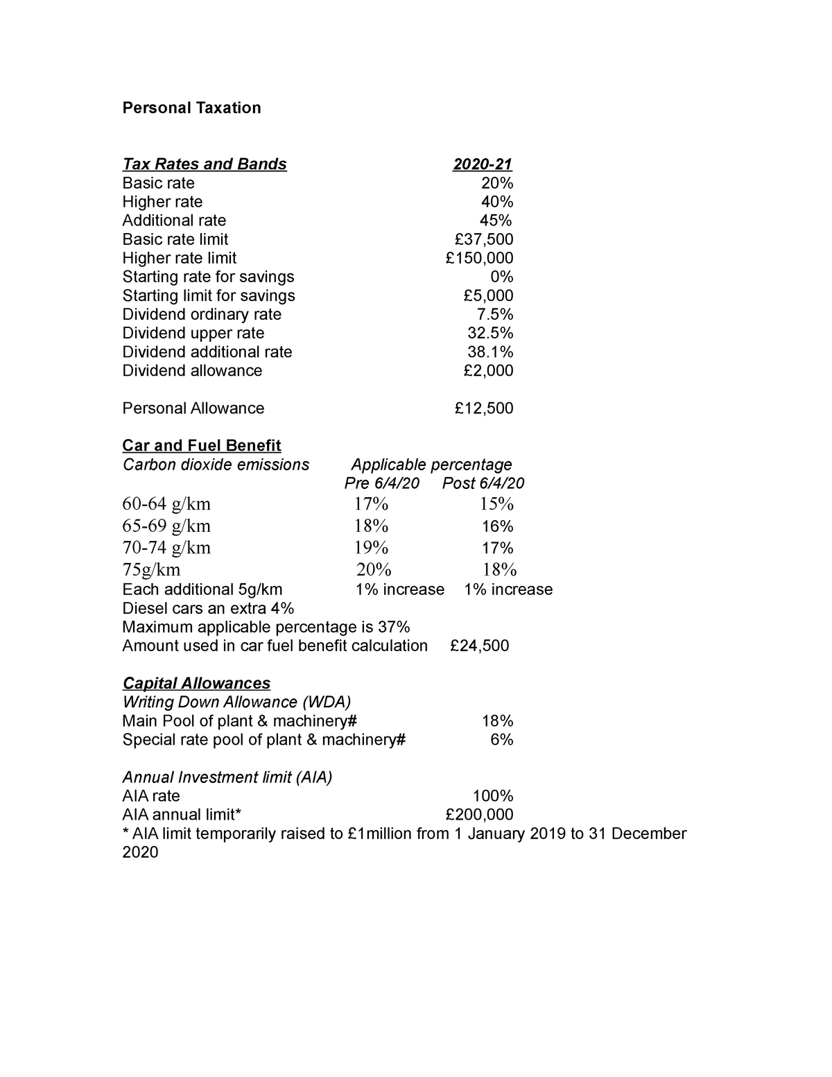 Basic tax data (provided in class test) Personal Taxation Tax Rates