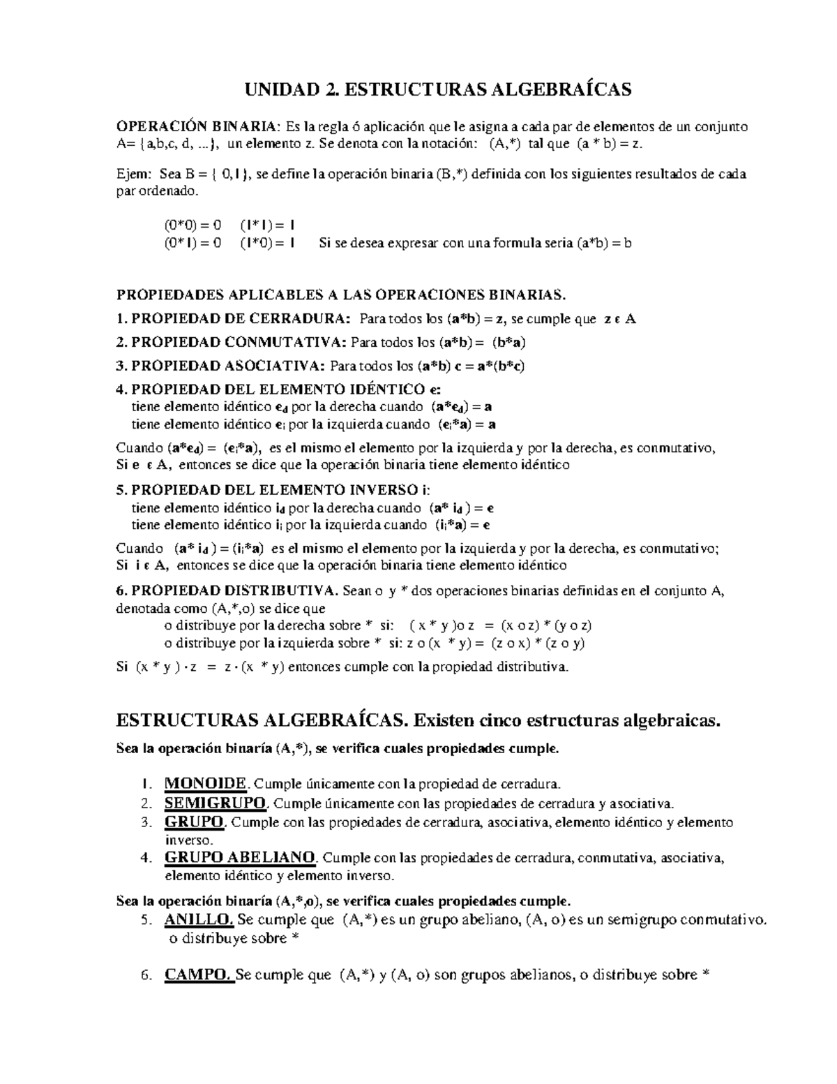 Estructuras Algebraicas - UNIDAD 2. ESTRUCTURAS BINARIA: Es La Regla ...