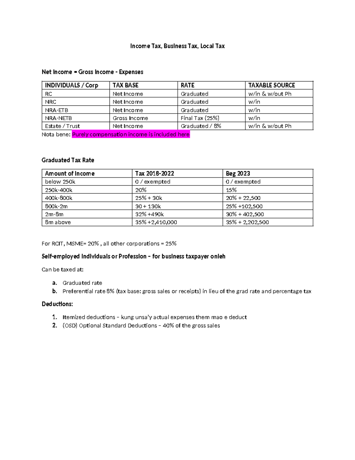 Income Tax - Graduated rate b. Preferential rate 8% (tax base: gross ...