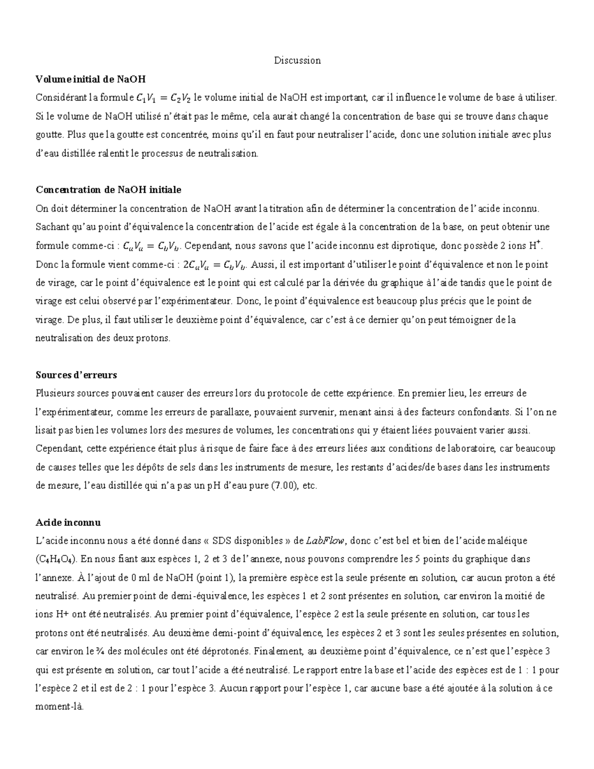 Discussion titration 2 Discussion Volume initial de NaOH Considérant