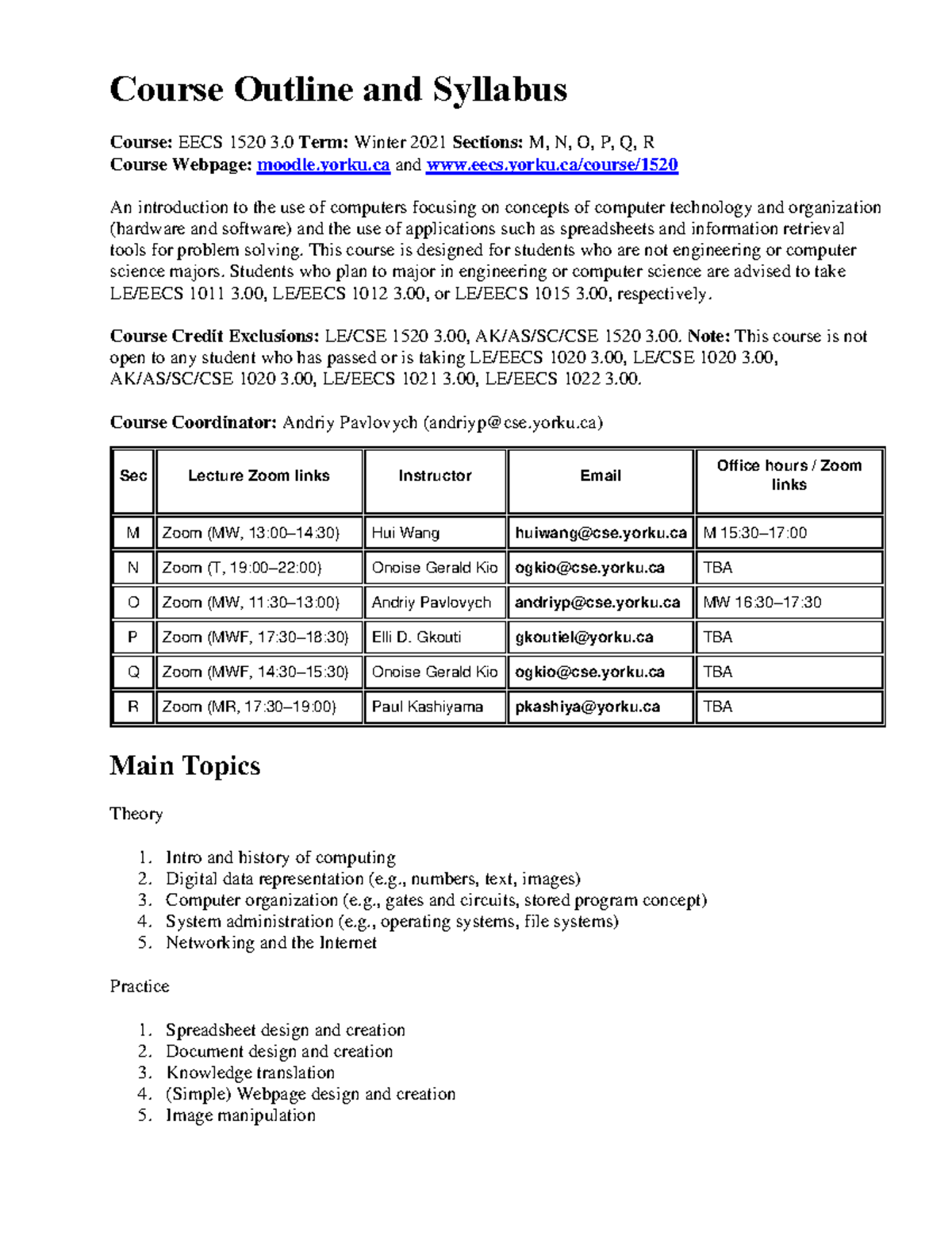 EECS 1520 W21 Course Outline And Syllabus - Course Outline And Syllabus ...