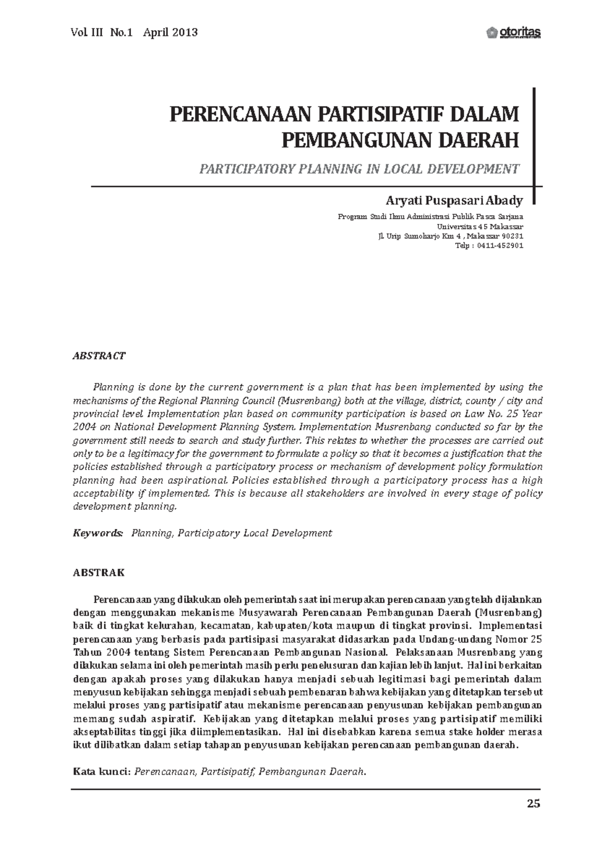 Perencanaan Partisipatif Dalam - 25 ABSTRACT Planning Is Done By The ...