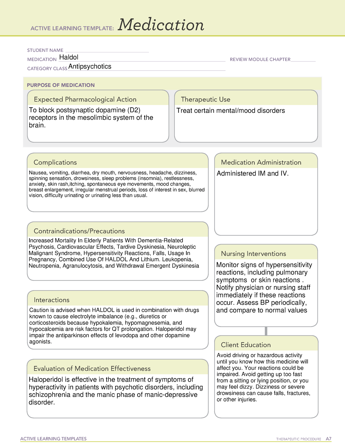 Haldol Medication ACTIVE LEARNING TEMPLATES THERAPEUTIC PROCEDURE A