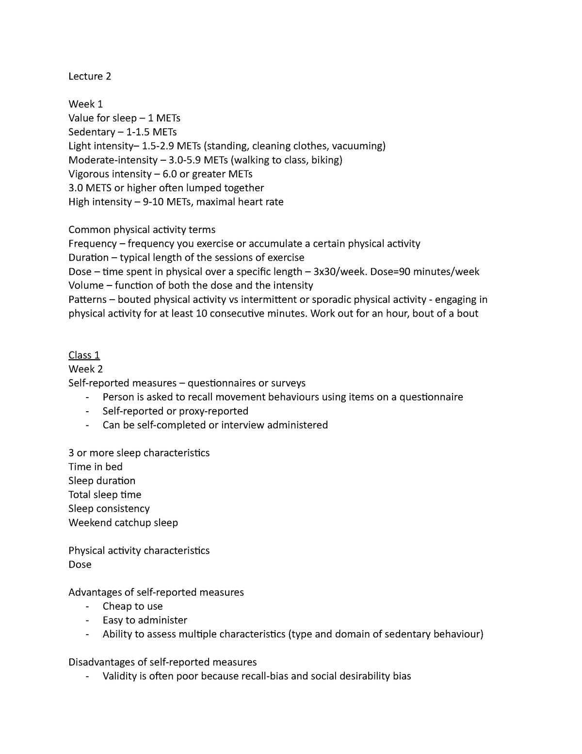 Lecture 2 - Lecture 2 Week 1 Value for sleep – 1 METs Sedentary – 1-1 ...