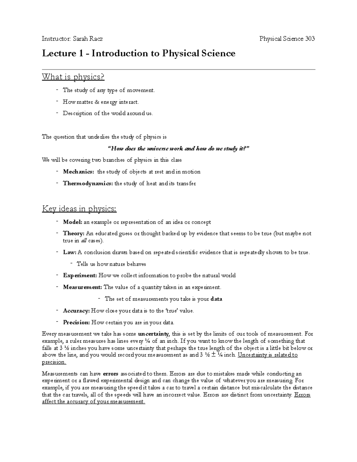 Lectures Notes - Lecture 1 - Introduction to Physical Science What is ...