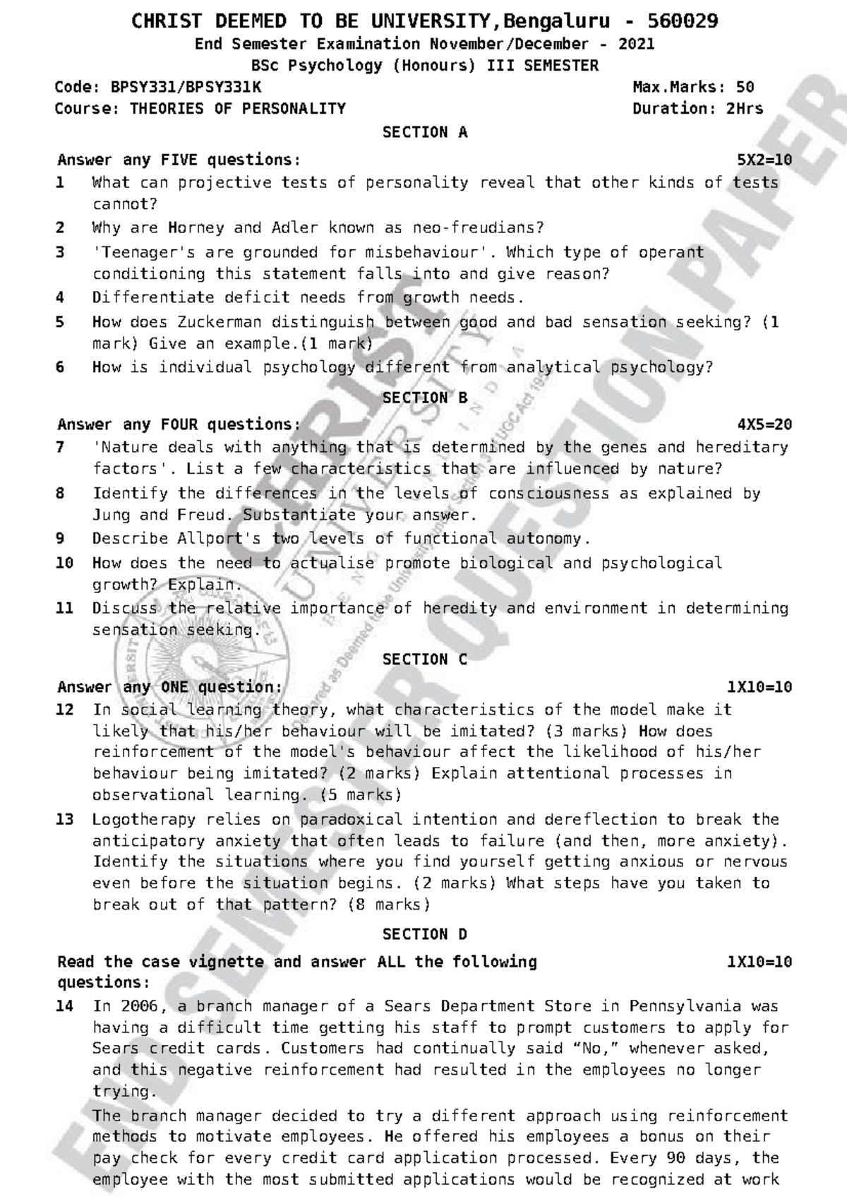 BPSY331 - question paper - CHRIST DEEMED TO BE UNIVERSITY,Bengaluru ...