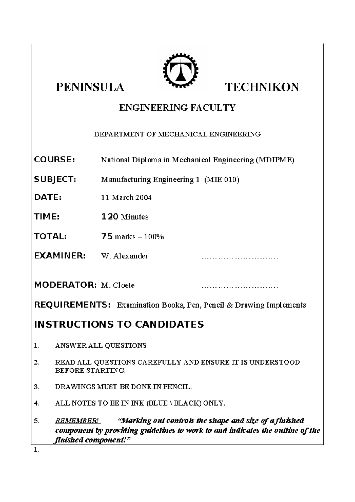 Finaltestmmg 11 March 2004 - PENINSULA TECHNIKON ENGINEERING FACULTY ...