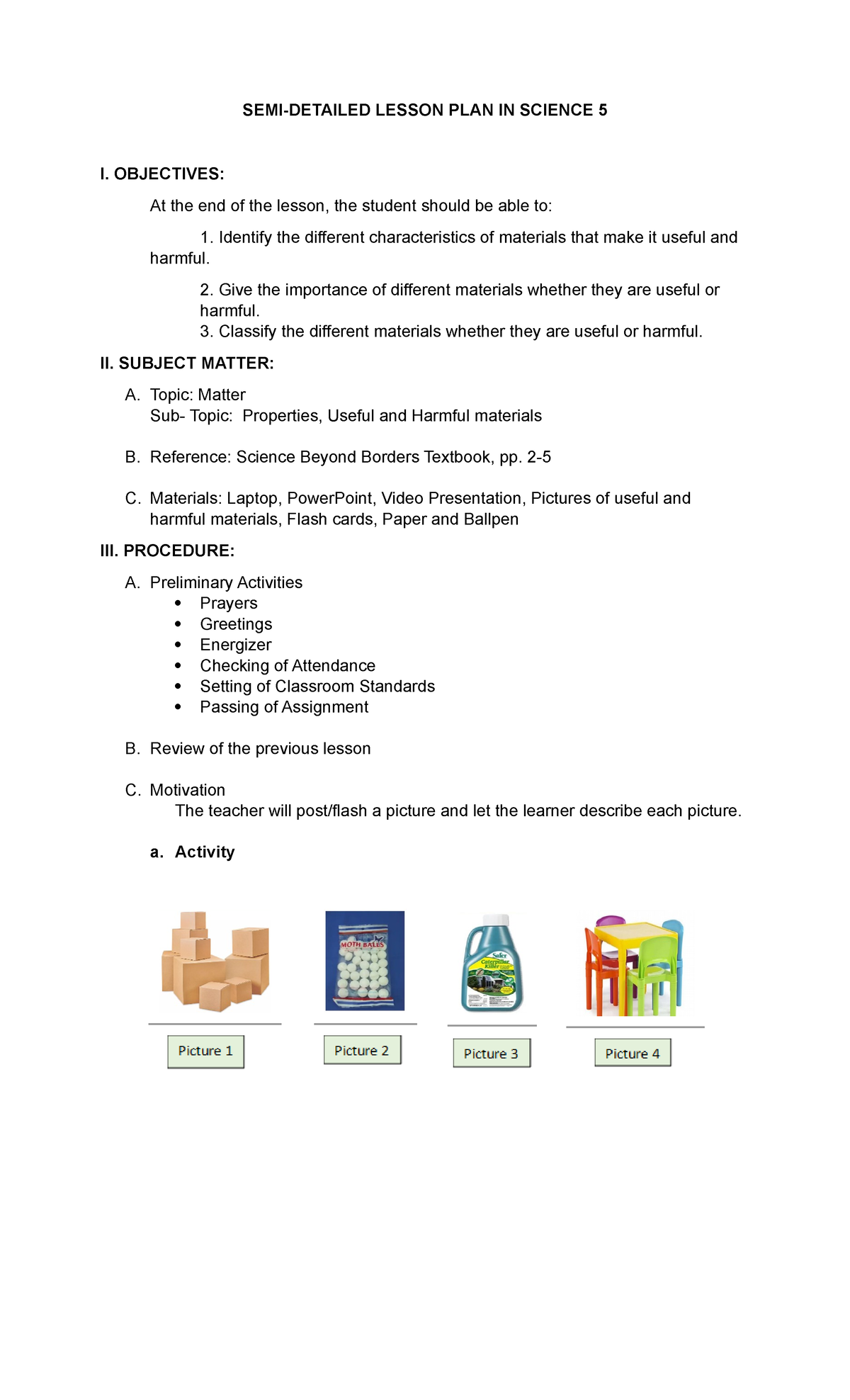 Science and chemistry LP - SEMI-DETAILED LESSON PLAN IN SCIENCE 5 I ...