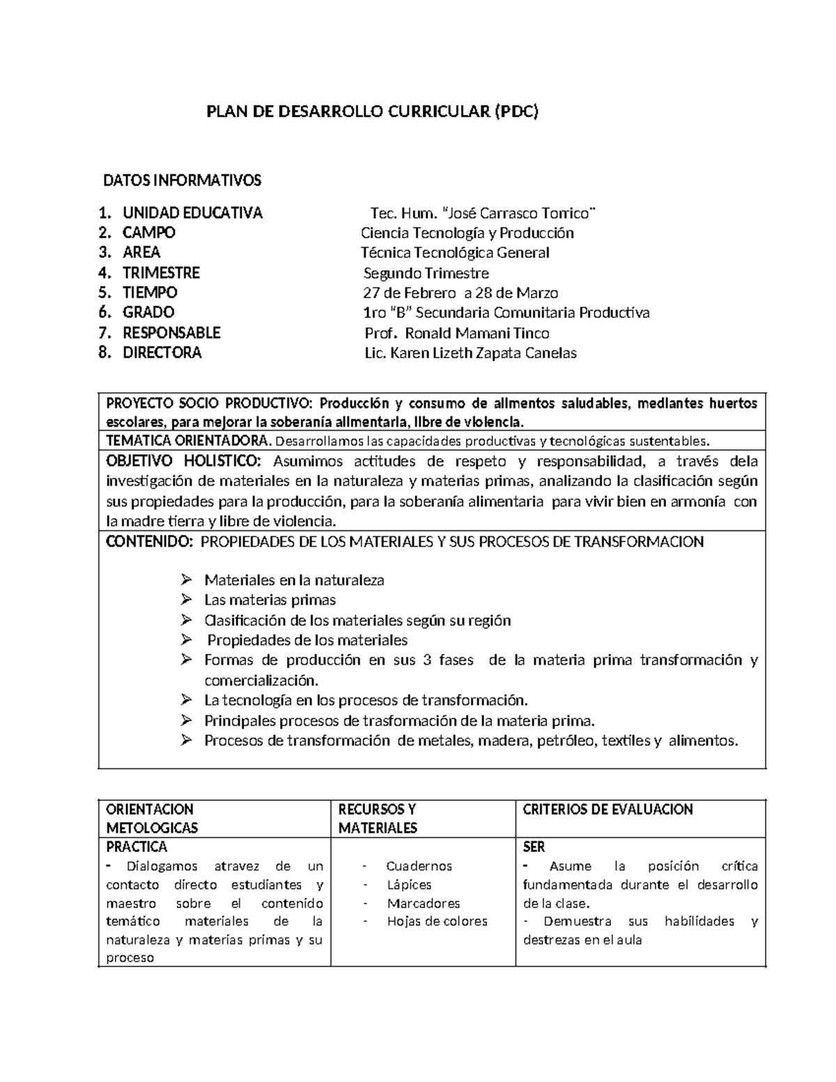 PDC 1° C 2023 - PLAN DE DESARROLLO CURRICULAR (PDC) DATOS INFORMATIVOS ...