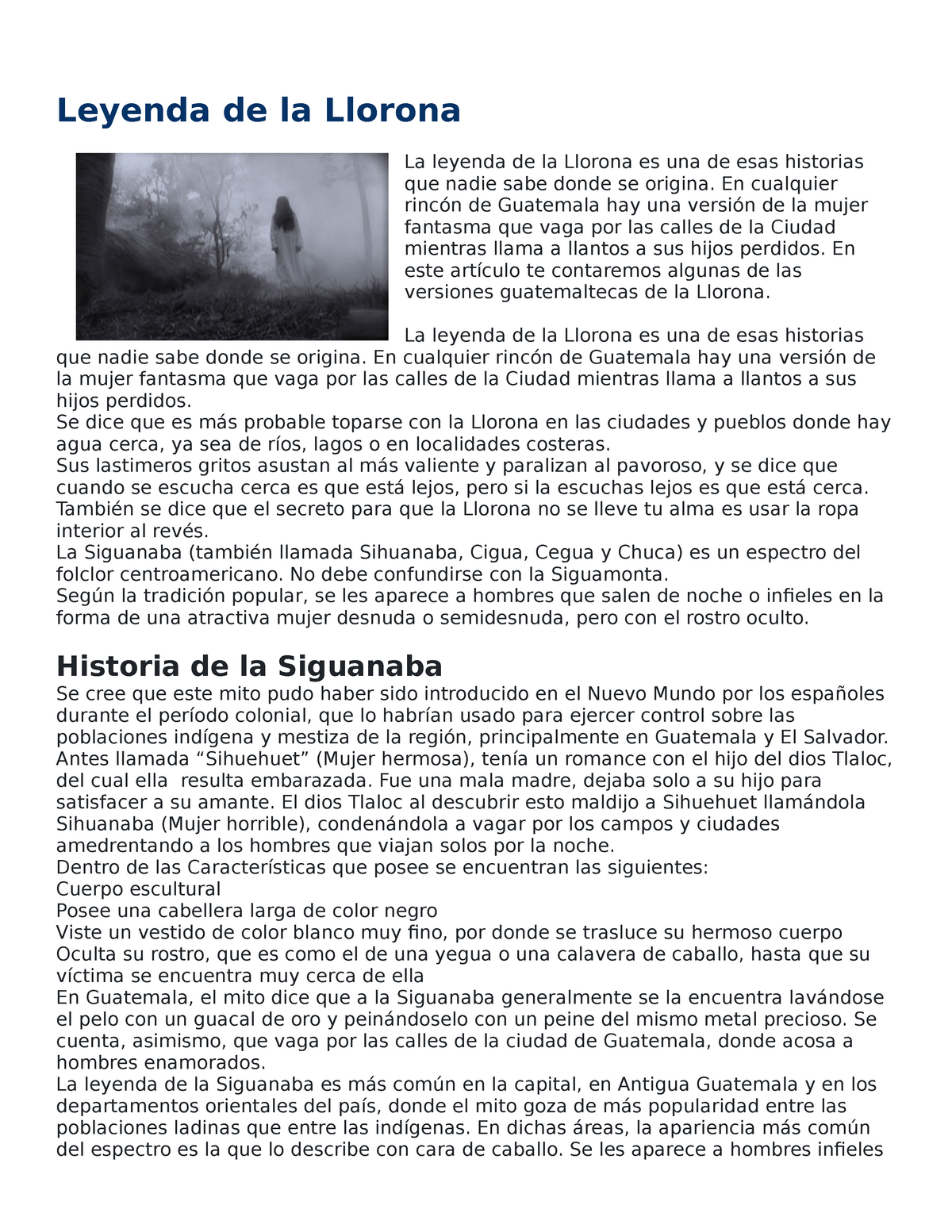 Leyenda de Guatemala - Leyenda de la Llorona La leyenda de la Llorona es  una de esas historias que - Studocu