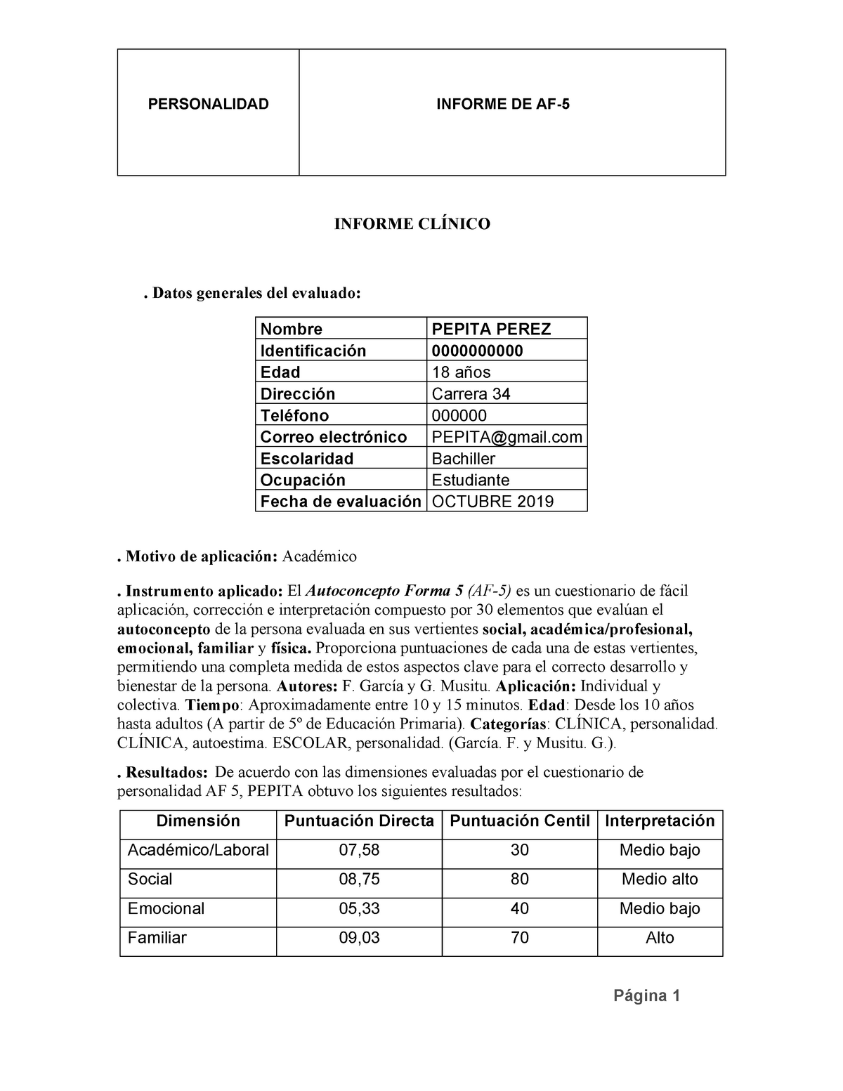 Prueba AF-5 Informe Clínico - PERSONALIDAD INFORME DE AF- Página 1 ...