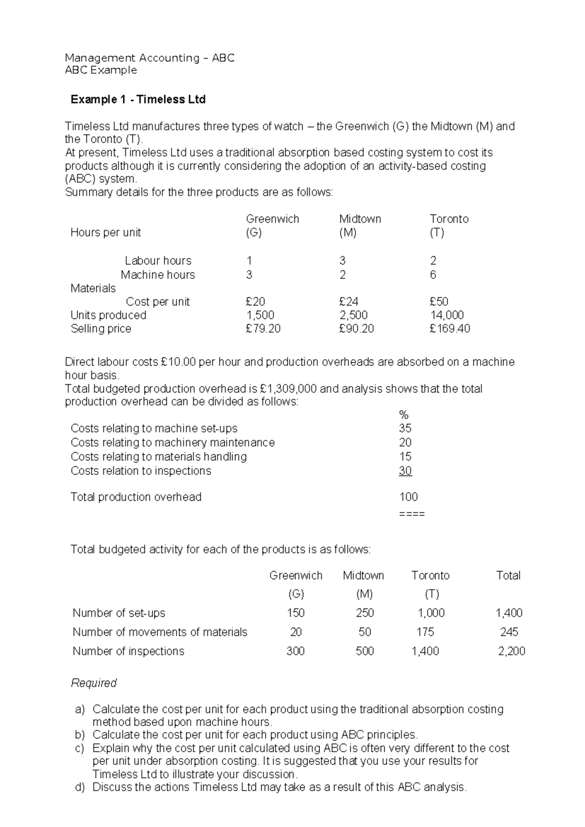 Handout 1 ABC - ABC - Management Accounting – ABC ABC Example Example 1 ...