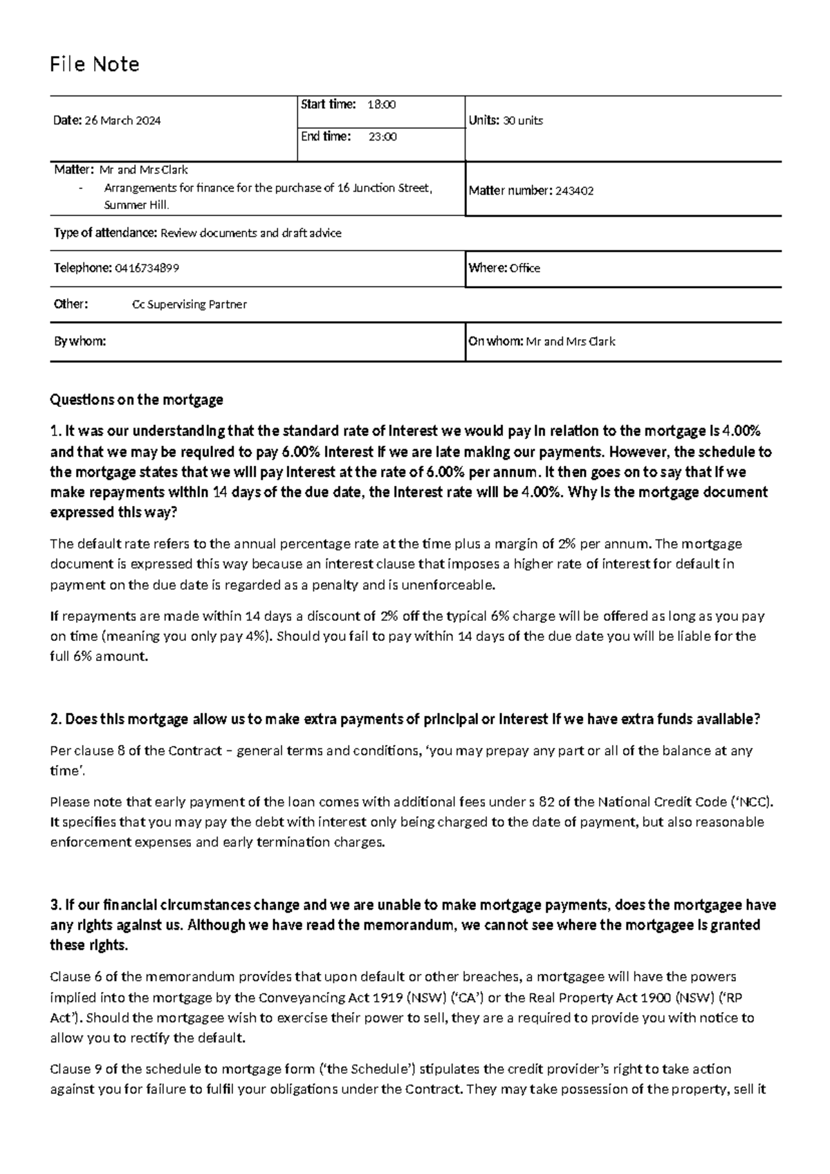 Task 2 - File Note Date: 26 March 2024 Start time: 18: Units: 30 units ...