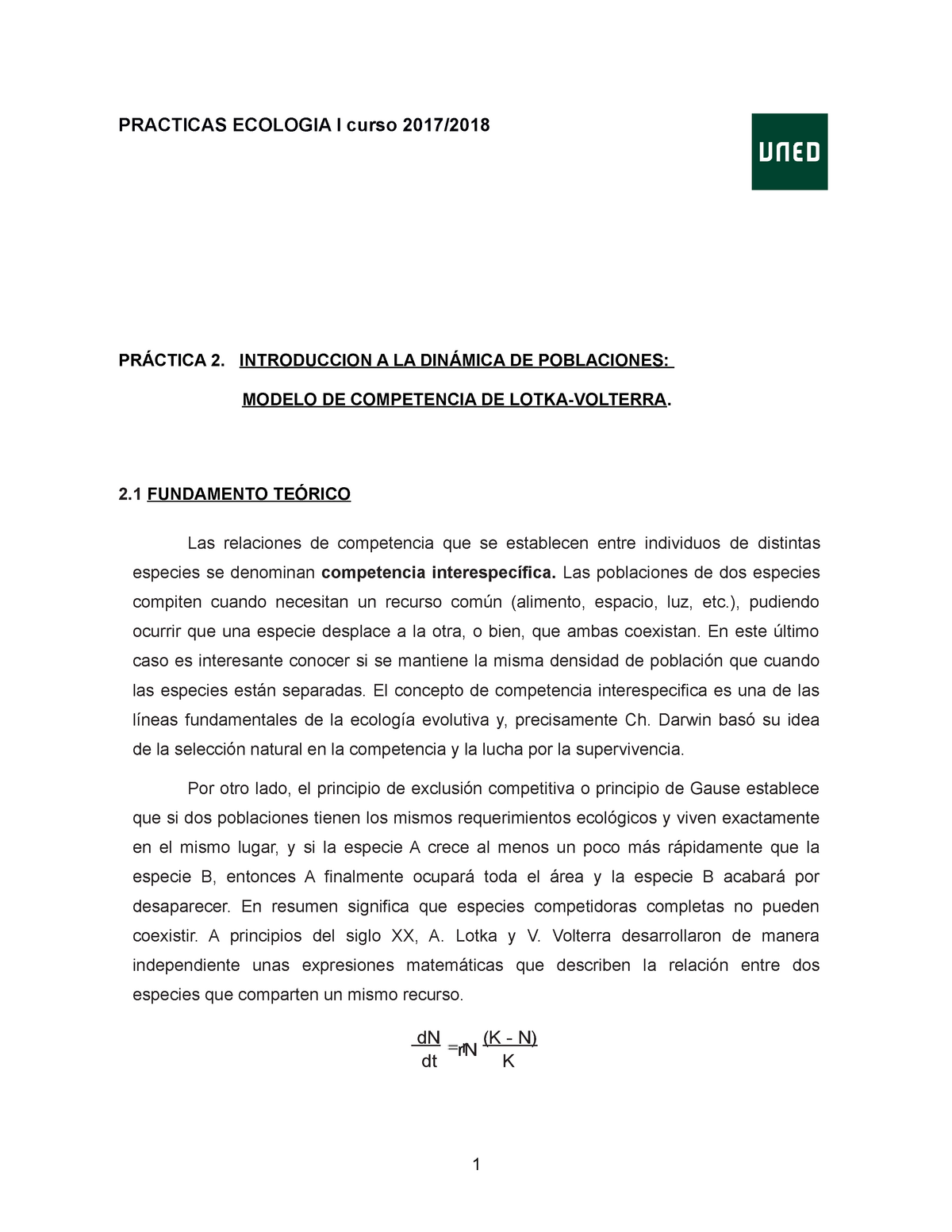 PrÁctica 2 Modelo de competencia de Lotka Volterra 2 (1) - PRACTICAS  ECOLOGIA I curso 2017/2018 - Studocu