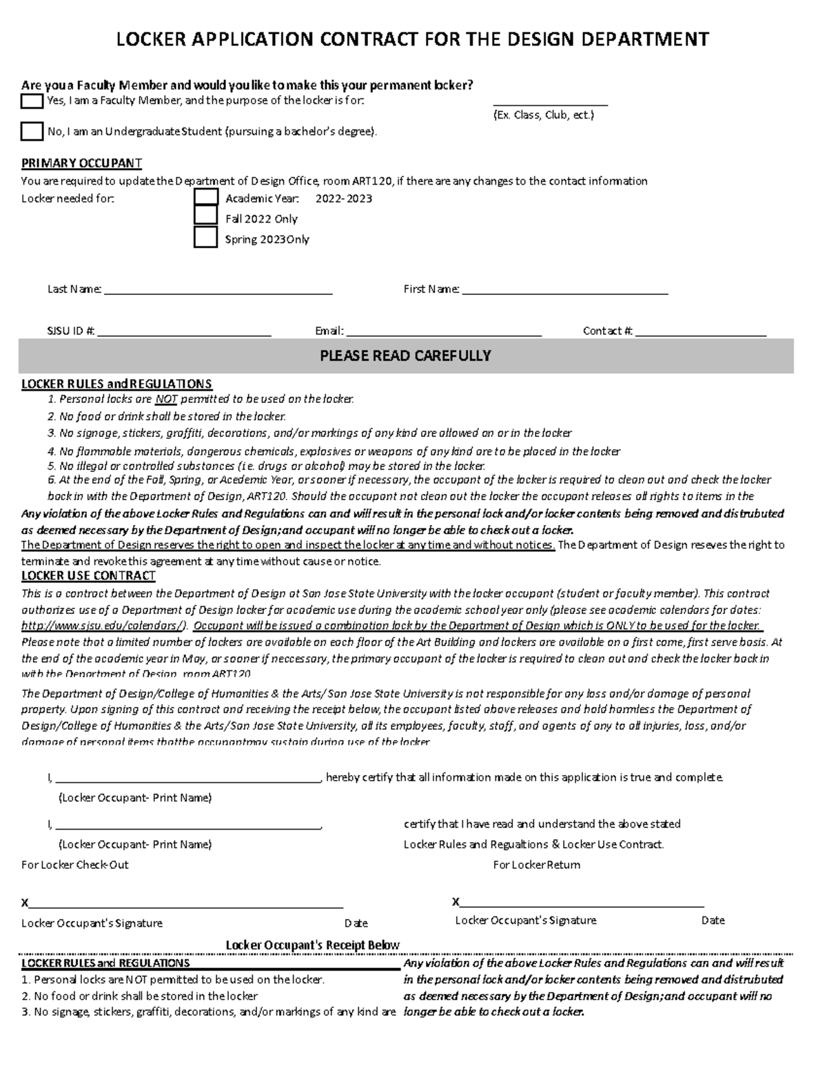 Art locker form - LOCKER APPLICATION CONTRACT FOR THE DESIGN DEPARTMENT ...