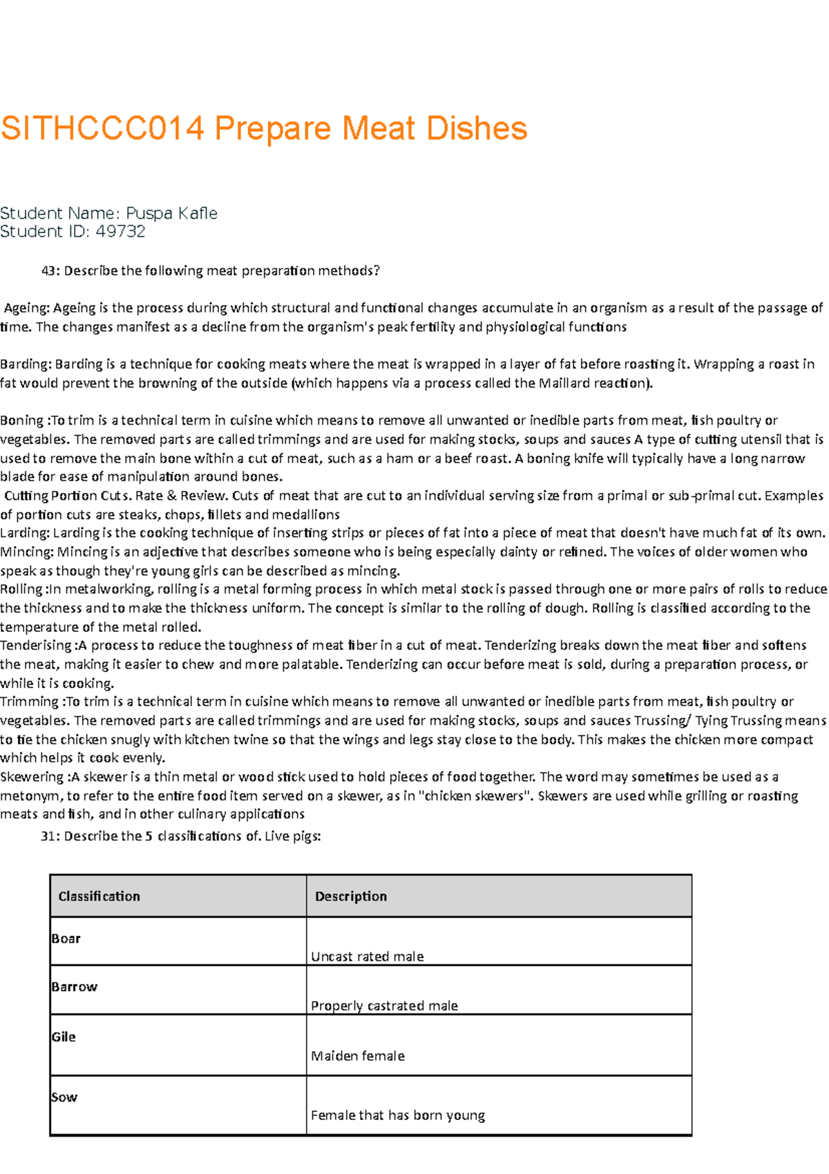 Cert ii Prepare Meat Dishes SITHCCC014 Prepare Meat Dishes Student Name Puspa Kafle Student