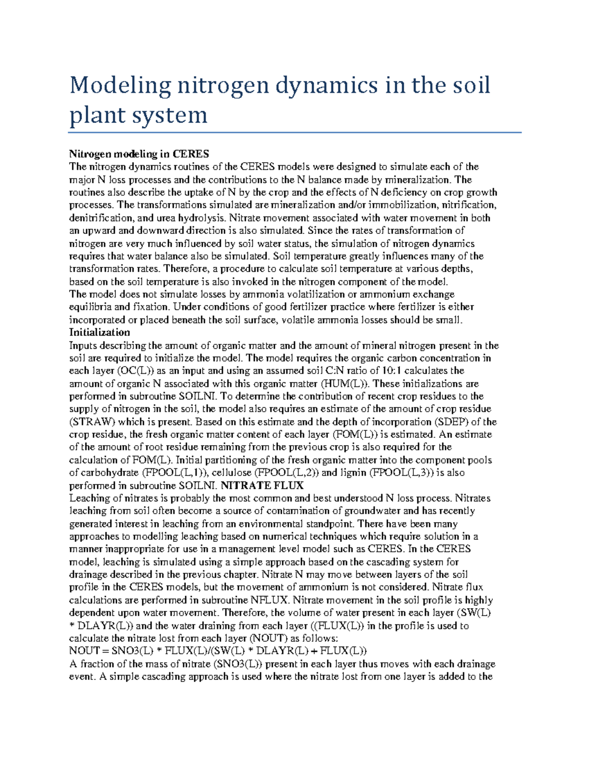 Modeling nitrogen dynamics in the soil plant system Modeling nitrogen