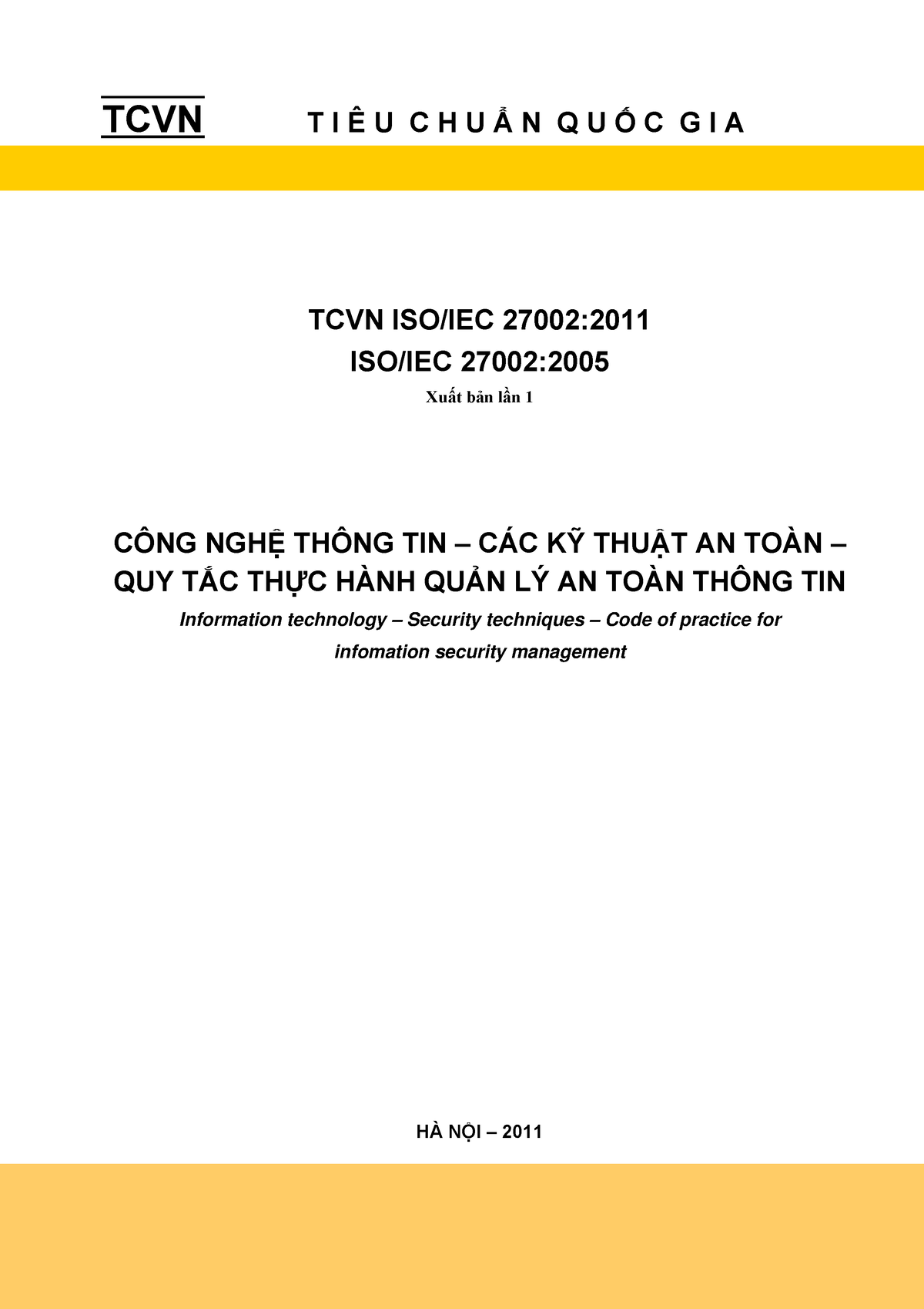 TCVN ISO-IEC 27002-2005 - CNTT - Quan Ly ATTT - TCVN T I U C H U Ẩ N Q ...