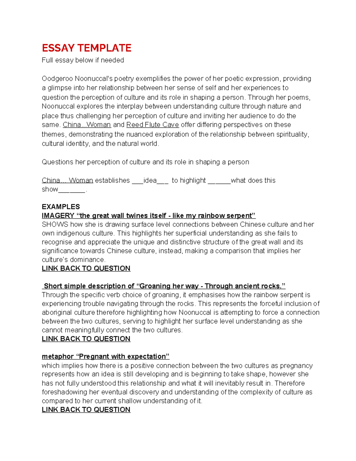 Oodgeroo Noonuccal Essay - ESSAY TEMPLATE Full essay below if needed ...